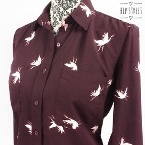 A NEW DAY Bird Crane Print LS Silky Button Front Shirt Blouse S